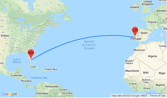 Lisbon to Miami route