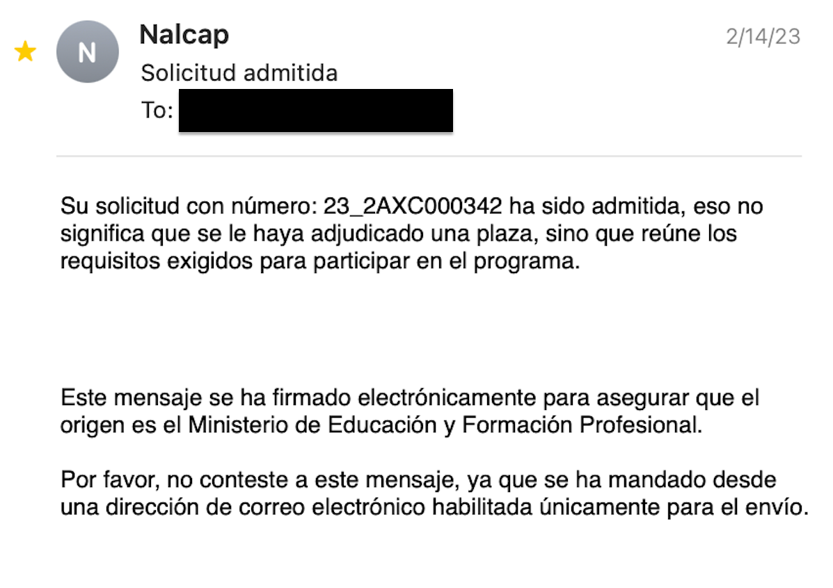 NALCAP application confirmation